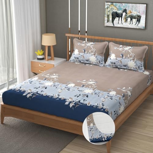 Image of Vram Premium Heavy Cotton Elastic Fitted Bedsheets with 2 King Size Pillow Covers || Double Bed with All Around Elastic 350 TC || 72 x 72 x 10 Inch King Size Fitted || :- Blue Tricolor