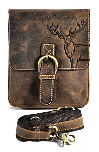 Sac banane en cuir de vachette vintage avec bandoulière amovible motif cerf rustique