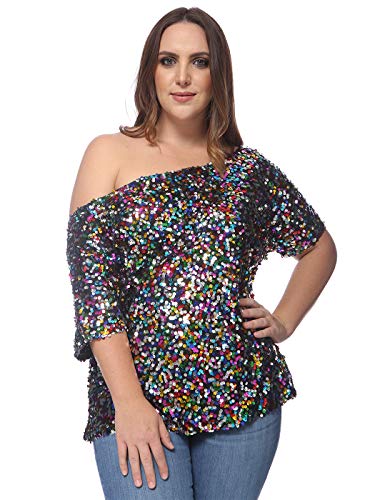 Anna-Kaci Women's Plus Size Sequin Sexy One Shoulder Short Sleeve Party Club Top