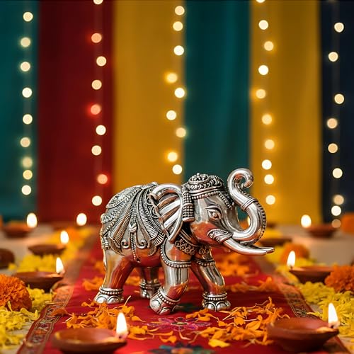 Image of Dev Aastha 999 Pure Silver Plated Elephant Idol Pack of 2 | 7 Inch Vastu & Good Luck Statues for Home Decor, Puja Room & Temple | Divine Altar Showpiece & Auspicious Gift of Blessings.