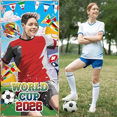 World Cup Photo Banner 71x35 Inches 2026 Soccer Player Cutout Backdrop with Face Hole for FIFA World Cup Soccer Party Decorations Soccer Photo Booth Props World Cup Gift Soccer Party Backdrop (red)