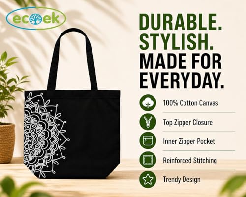 Image of Canvas Tote Bag for Women with Zipper & Pocket(Pack of 1) | Stylish Cotton Handbags for College | Aesthetic Tote Bag for Office, Shopping, Travel, Beach & Daily use