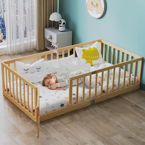 PatioPerk Twin Size Floor Bed for Kids Wooden Toddler Floor Bed Frame Safe Comfortable Baby Floor...