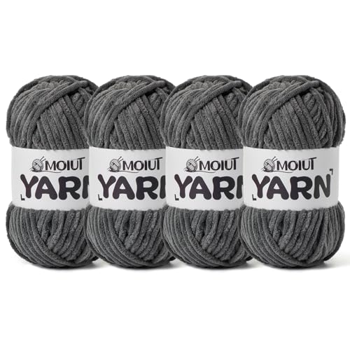 Image of 4 Packs Fluffy Chenille Yarn for Crocheting, Chunky Velvet Yarns for Crochet Amigurumi, Baby Yarn for Crocheting Soft Blanket, 349.9yds /14.1 oz Bulky Yarns for Crafts /Hats /Shoes /Socks (4 Dark Gray)