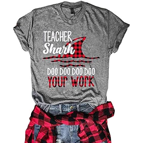 LORSU Women Teacher Shark Doo Doo Your Work Shirts Red Buffalo Plaid Shark Fins Graphic Tees Funny Teachers Gift Shirt Grey L Cover
