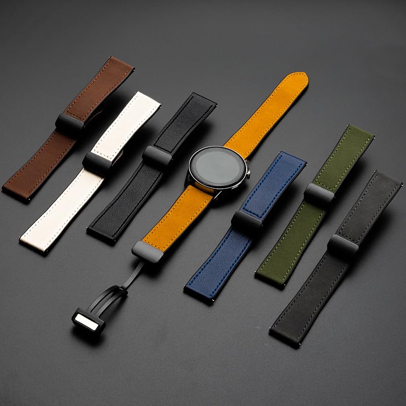 Image of 22mm Soft Genuine Leather Hybrid Watch strap Compatible with Amazfit GTR 2, GTR 47mm Smartwatch, Replacement band Magnet Buckle With Folding Straps for men women