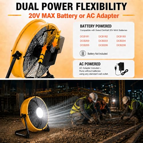 T-SUN 16'' Cordless Battery Powered Fan Compatible with Dewalt 18V/20V Battery, Portable Floor Fan with LED Light, USB Type C Port, Stepless Speeds, Industrial Fan for Garage Patio Warehouse Camping — view 2