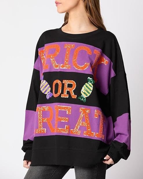 Halloween Sweatshirts for Women Sequin Color Block Crewneck Sweatshirts Long Sleeve Glitter Cute Sweatshirts2