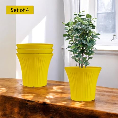 Image of GARDENS NEED 12 Inches Tancy Round Flower Pot | Set of 4 | Yellow | Plastic Planter Pots for Indoor & Outdoor Home, Office & Balcony Decoration