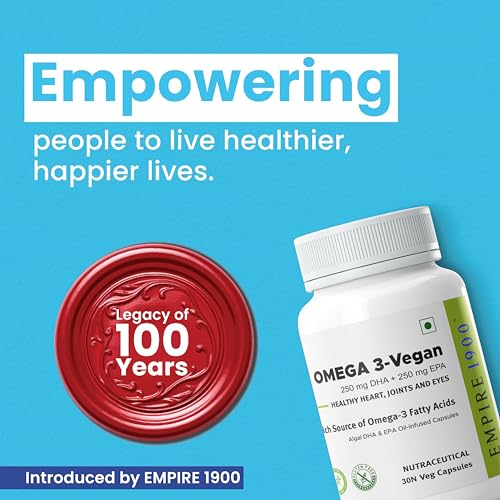 Image of EMPIRE 1900 Omega 3 Vegetarian Capsule (EPA+DHA) | Sourced from Algae | Healthy for Men and Women | Benefits Eyes, Skin, Joints, Brain, and Heart | Suitable for Vegan Diet | Immune Health | (30 Capsules)