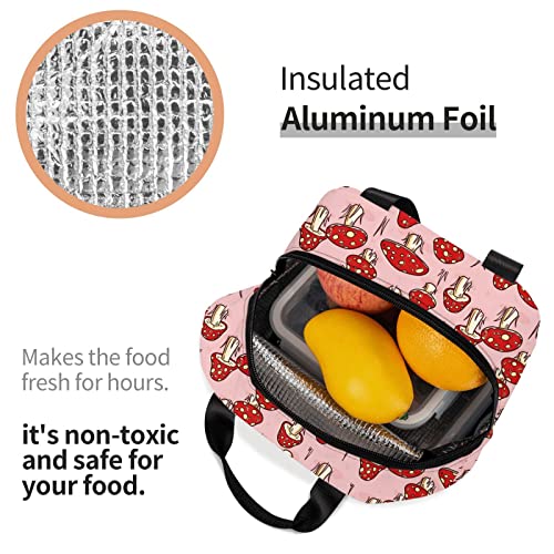 Pubnico Cute Mushroom On Pink Lunch Box , Bento Box Insulated Lunch Boxes Reusable Waterproof Lunch Bag With Front Pocket For Office Picnic Hiking Beach #TOP5