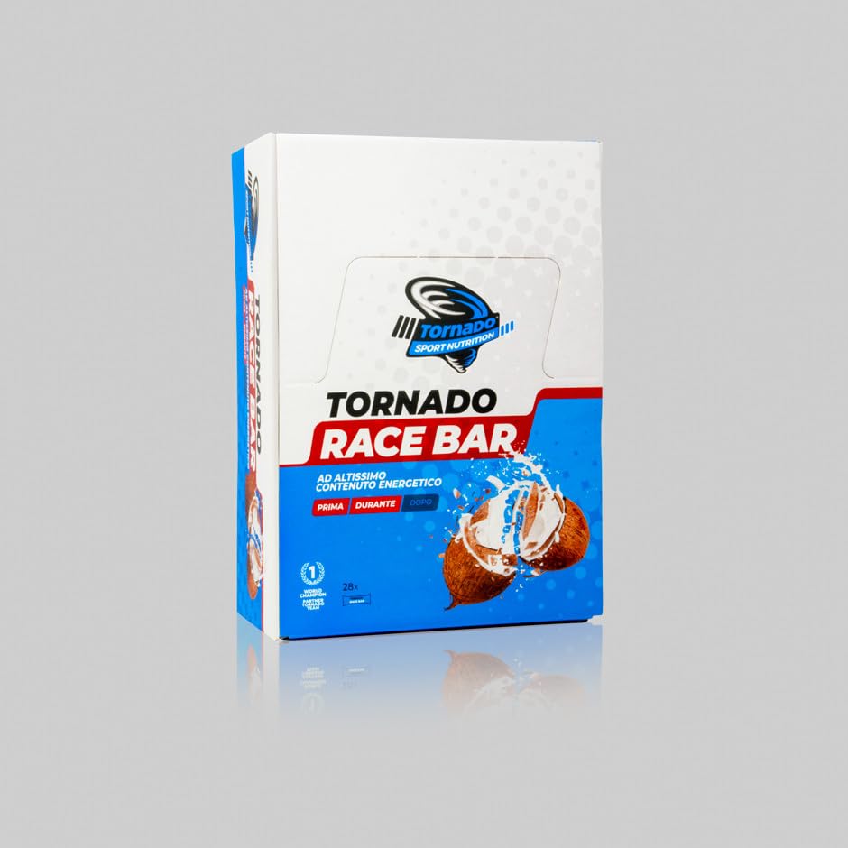 Tornado | RACE BAR TORNADO | Gusto Cocco Irresistibile | Altissimo contenuto Energetico | 186 kcal | Energia Istantanea e Prolungata | Ricca di Fibre e MCT | Ottima masticabilità | Senza Glutine