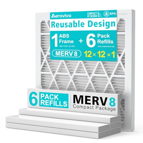AErovivo 12x12x1 Refillable Air Filter Kit, MERV 8, 1 Reusable Frame & 6 Refills, Fits Most AC HVAC Furnace Devices, Actual Size 11.75x11.75x0.75in