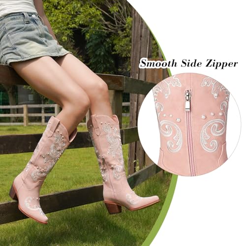 Image of Cowboy Boots for Women Pearl Embroidered Cowgirl Boots Western Chunky Heel Mid Calf Boot with Zipper