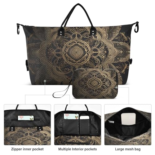 Large Travel Duffel Bag, Gold Black Mandala Sports Tote Gym Bag, Shoulder Weekender Overnight Bag for Women Men, Carry On Luggage with Toiletry Bags2