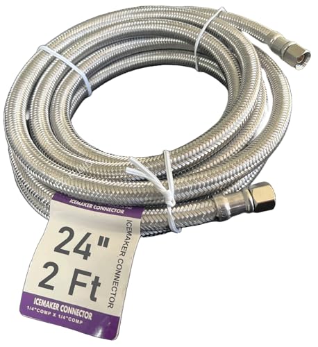 EZ-FLUID 24-Inches Refrigerator Ice Maker Water Line 2Ft x 1/4' Female Comp. Connection,Premium Stainless Steel Braided Ice Maker Water Hose, PVC Inner Tube Fridge Water Line for Refrigerator