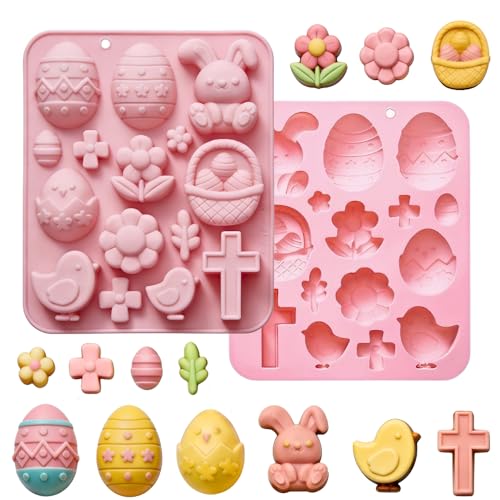 Molde de silicona de chocolate de Pascua – Molde de silicona para hornear de 15 cavidades, con diseños de conejo, huevo de Pascua y pollito, adecuado para hacer postres, dulces, gelatinas, gomitas y
