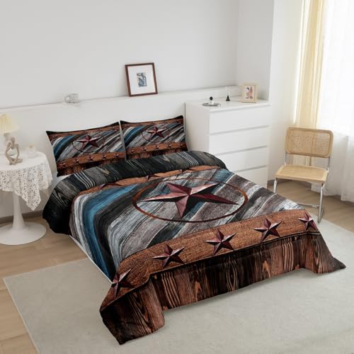 Image of Feelyou Rustic Texas Star Comforter Western Texas Comforter Set for Boys Girls Children Wood Boards Bedding Set Country Style Farmhouse Duvet Set Room Decor Quilt Set King Size