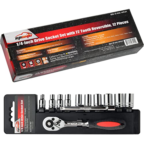 EPAuto 1/4-Inch Drive 12-Piece Socket Set with 72-Tooth Reversible Ratchet