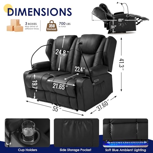 Image of Redlife Power Loveseat Recliner Sofa, PU Leather Dual Reclining Couch with Vibration & Heating, Blue LED Base Lights, USB Ports, Cup Holders & Phone Holders, Home Theater & RV Reclining (Black)
