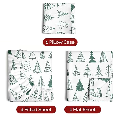 Twin Christmas Christmas Tree Sheet Set - Holiday Xmas Pattern Bedding Set - Deep Pockets - Snug Fit - 3 Piece - Wrinkle Free - Cooling Comfy Festive Winter Holiday Sheets for Women, Men, Kids & Teens