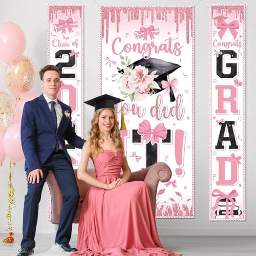 Image of Pink Graduation Decorations Class of 2026 Congrats Grad Banner and You Did It Door Cover for High School College Grad Party Supplies