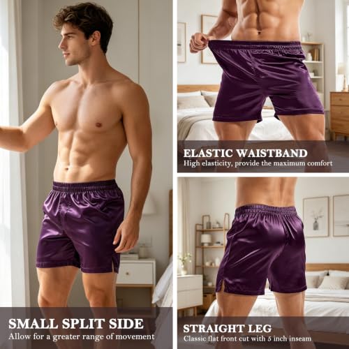 Image of AMY COULEE Mens Satin Boxer Shorts Silky Lightweight Pajama Bottoms Split Side Lounge Sleep Shorts
