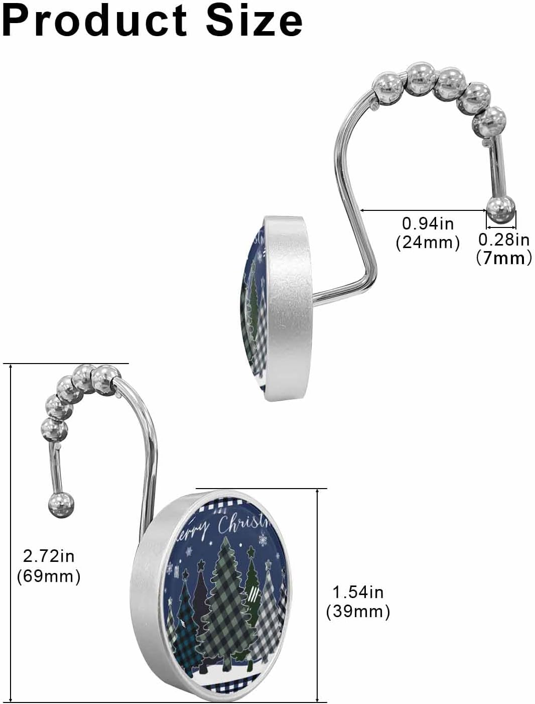 Shower Curtain Hooks 12 Pcs Merry Christmas Checkered Xmas Tree Blue White Plaid Stainless Steel Rust Proof Rolling Shower Curtain Rings, Decorative Shower Curtain Hooks Hangers for Bathroom