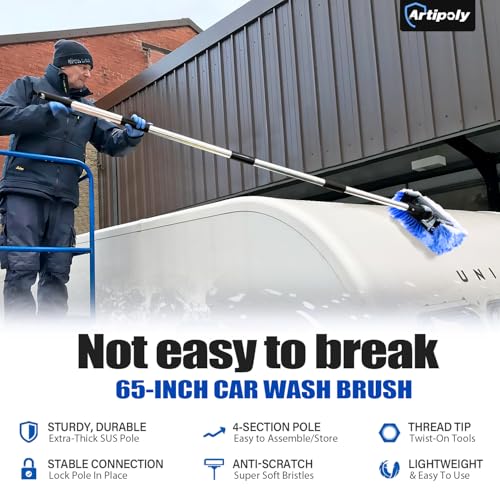 ARTIPOLY 65'' Five-Sided Car Wash Brush with Long Handle, Scratch-Free Car Cleaning Kit with Soft Wash Brush, Tire Brush, Window Squeegee, Car Wash Mitt, Microfiber Cleaning Head & Extension Pole - Image 3