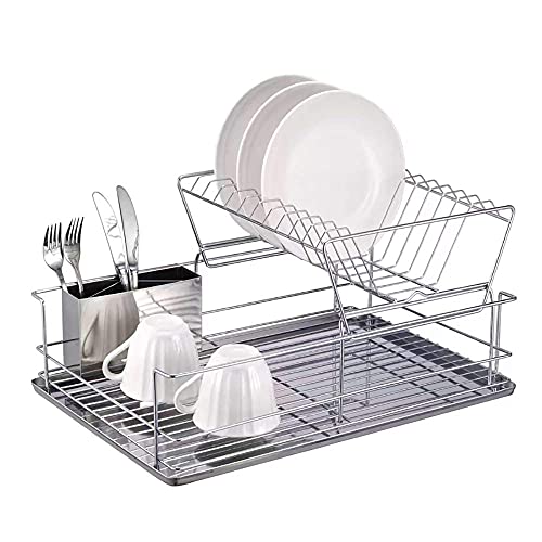 Dish Drying Rack, Stainless Steel Kitchen Dish Drainer Rack with Utensil Holder/Drain Board/Cutting Board Bracket Cutlery Rack for Kitchen Restaurants (18.5x12.6 inch)