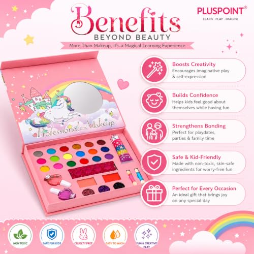 Image of PLUSPOINT Unicorn Kids Makeup Kit for Girls | Pretend Play Beauty Set | Non-Toxic Washable Makeup Toy | Eyeshadow, Blush, Lip Gloss & Accessories | Birthday Gift for Girls Age 5+ Years