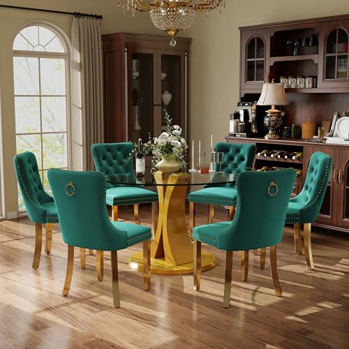 Image of 7-Piece Dining Table Set with 47In Tempered Glass Table and 6 Velvet Upholstered Chairs, Modern Scandinavian Furniture for Dining Room Kitchen(Green&Gold)