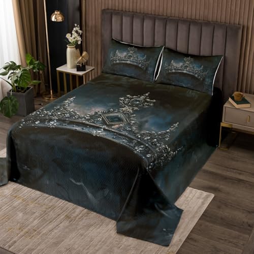 Homewish Silver Crown Bedspread for Kids Boys,King and Queen Theme Coverlet Set Bedroom Decor Soft Quilted,Diamond Gemstone Gray Black Quilt Set with 1 Pillow Sham, Twin Size