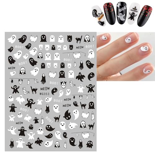 JMEOWIO Nagelsticker Halloween 8 Blatt Nail Art Sticker Selbstklebend Nagelaufkleber Totenkopf Horror Geist Hexe Spinnennetz Fledermaus Kürbis SpukDekoration Nageldesign Zubehör