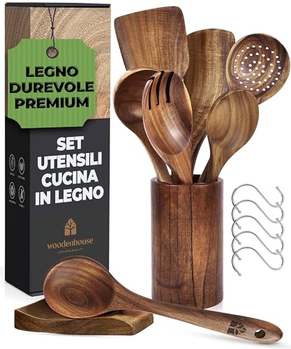 Set Mestoli in Legno, Cucchiaio Legno - Utensili Cucina in Legno per Cucina con Porta e Poggiamestolo - Pentole Naturali Antiaderenti - Set durevole di 13 pezzi