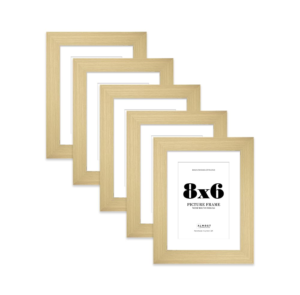 8x6" Gold Frame With Mount for 6x4" Pictures 28mm Edge Portrait and Landscape Display with Wall Hooks and Kickstand, 5 Pack