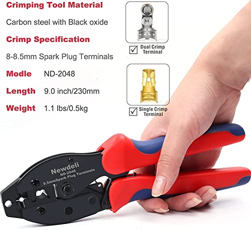 Image of Ratchet Spark Plug Wire Crimper Set, Newdeli 25Pcs Spark Plug Crimping Tool and 180 Degree /90 Degree /Straight Spark Plug Coil Terminals Boots Set for Crimping and Stripping Spark Plug Ignition Wire