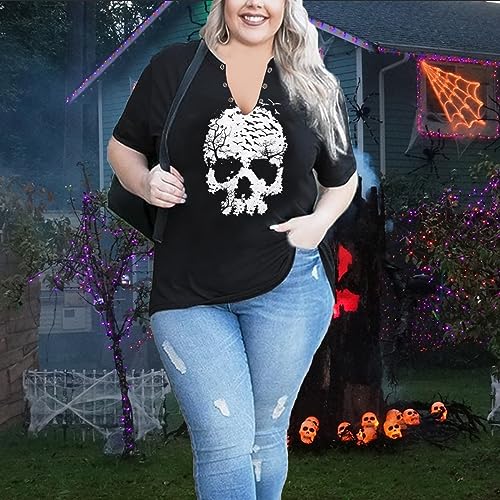 Plus Size Halloween Skull Shirt Women V-Neck Hollow Out Gothic Graphic Horror Tees Loose Short Sleeve T-Shirt Tops2