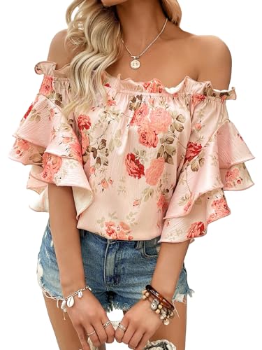SOLY HUX Women's Floral Print Blouse Off Shoulder Ruffle Trim Half Sleeve Summer Tops