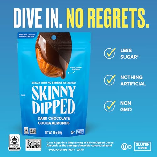 Image of SkinnyDipped Dark Chocolate Cocoa Almonds, Healthy Snack, Plant Protein, Gluten Free, 3.5 oz Resealable Bags (Pack of 5)