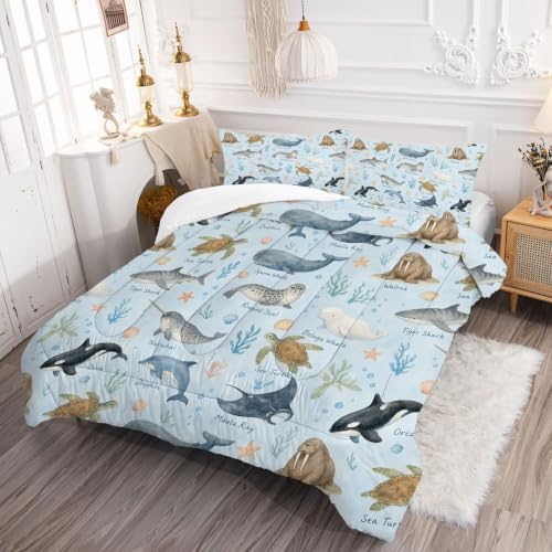 Image of Ocean Animal Comforter Set Queen Sea Creatures Bedding Set for Kids | Cute Watercolor Marine Animal Bedding Set for Boys Girls Teens, 3 Piece Kids Soft Comforter Set Bedroom Decor