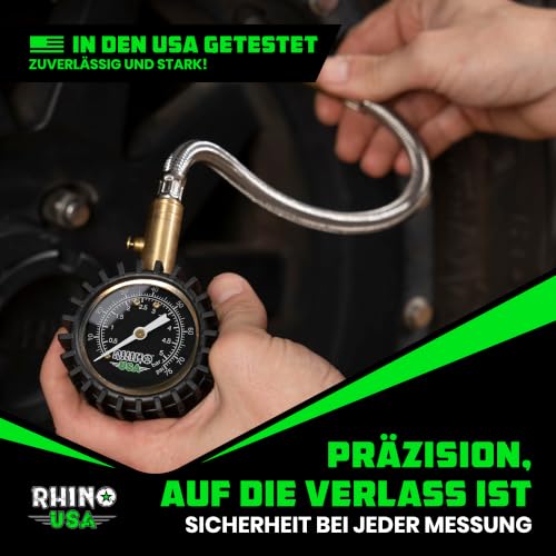 Image of RHINO USA Heavy Duty Tire Pressure Gauge (0-75 PSI) - Certified ANSI B40.1 Accurate, Large 2 inch Easy Read Glow Dial, Premium Braided Hose, Solid Brass Hardware, Best For Any Car, Truck, Motorcycle