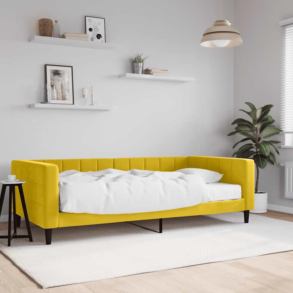 aksamitna rozkładana z materacem do salonu i sypialni 100x200 cm żółty | Sofa z materacem do spania, żółta, 100x200 cm, aksamit, rozkładana kanapa z funkcją spania, nowoczesna do salonu i sypialni