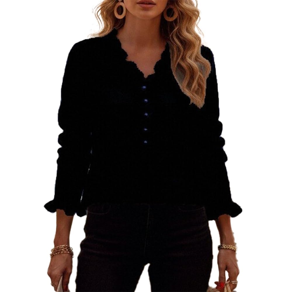 Womens Scalloped V Neck Long Sleeve Pearl Button Knit Sweater Oversized Fall Winter Pullover