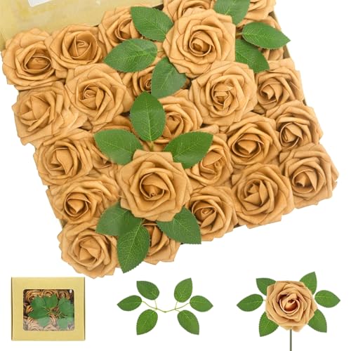 DabbOo 25 Künstliche Gold Rosen Hochzeit Deko Heimdekor Mit Gratis Blättern 7.5 cm...