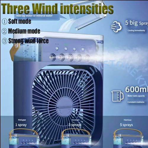 Image of DRUMSTONE Portable USB Air Cooler Fan with Water Tank, Personal Desk Cooling Fan with 3 Fan Speeds, 5 Mist Modes, LED Night Light for Home, Office & Travel
