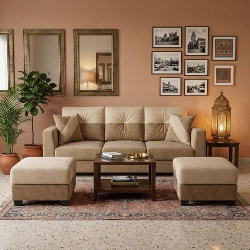 Image of Revola 5 Seater L Shape Sofa Set with 2 Movable Ottomans | Flexible Layout | Luxury Velvet Suede Fabric | Modern Living Room Sofa | Beige-Cream