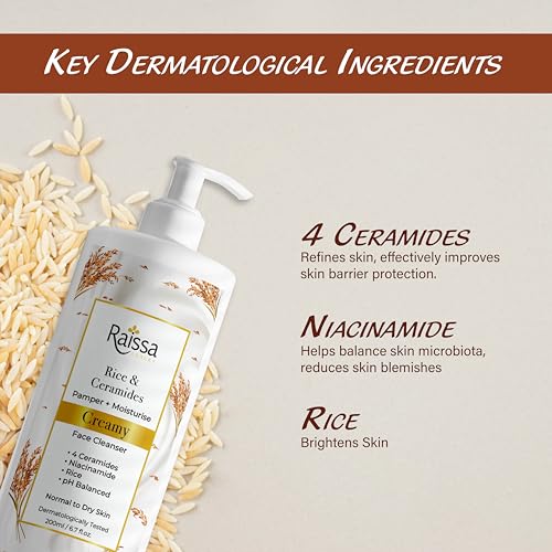 Image of Raissa Rice & Ceramides soap free Face Wash for Normal to Dry Skin, |Creamy Cleanser with 4 Ceramides, Niacinamide & Rice Extract |200ml