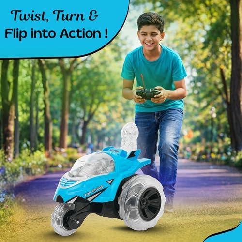 Image of Gooyo GY-0242 Rechargeable Stunt Car Toy for Kids with Tornado Rotation, Reverse Drive Function, Demo Mode, Lighting Effect & Music | Remote & USB Included | Power Source: in-Built Battery | Blue