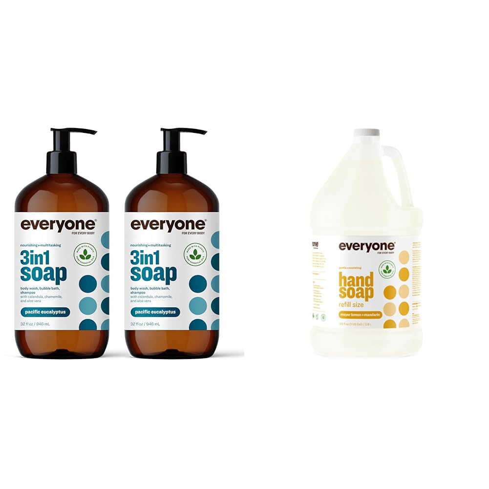 Everyone 3-in-1 Soap Body Wash Bubble Bath Shampoo 32 Ounce Pack of 2 Pacific Eucalyptus Liquid Hand Soap